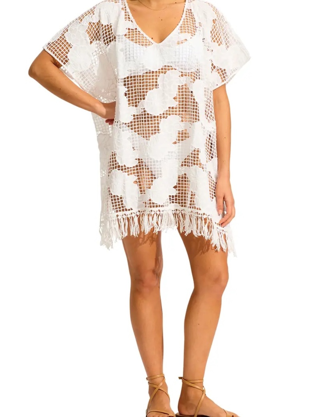 Seafolly White Crochet Fringe Swim Coverup